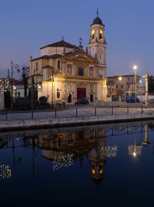 chiesa, riflesso, acqua, luci, campanile, notte, lampioni, riflessi, canale