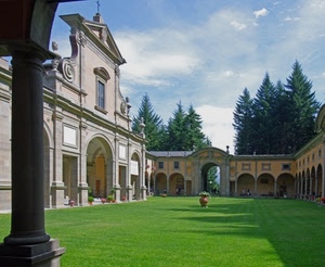 chiesa, prato, portico, colonna, alberi, archi, cielo, cortile, verde, colonne, chiostro, vaso