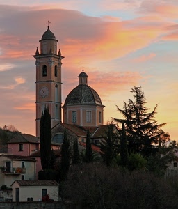 campanile, cupola, alberi, chiesa, tramonto, nuvole