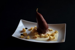 pera, piatto, nero, bianco, crema, rettangolare, cubetti, formaggio, marrone, dessert, picciolo, cotta